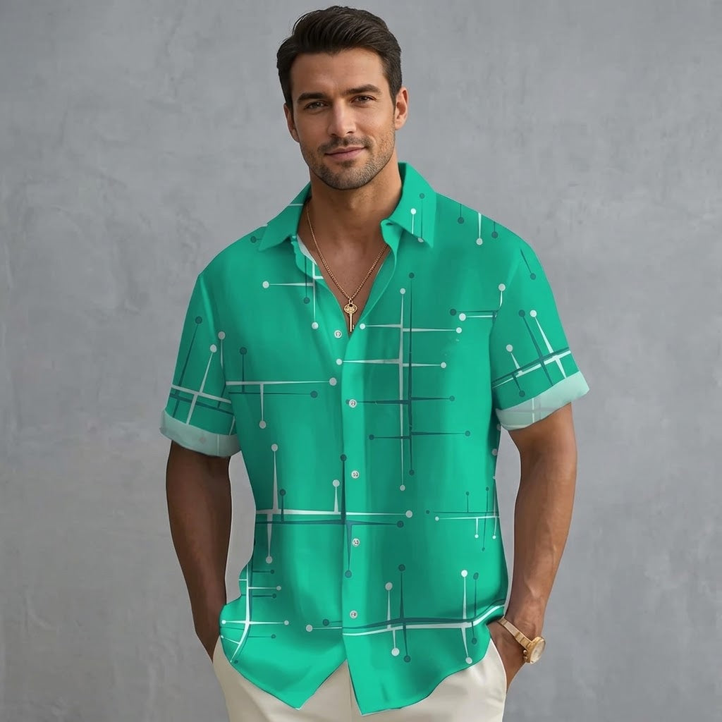 Camisa de hombre de corte relajado con botones y estampado geométrico