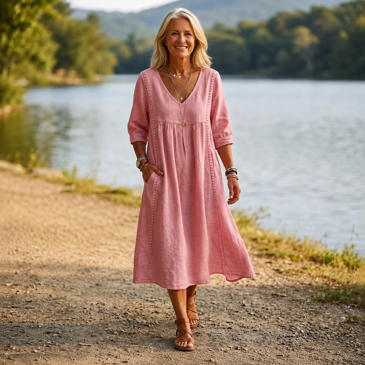 Vestido Midi Boho de Lino con Bordado y Bolsillos