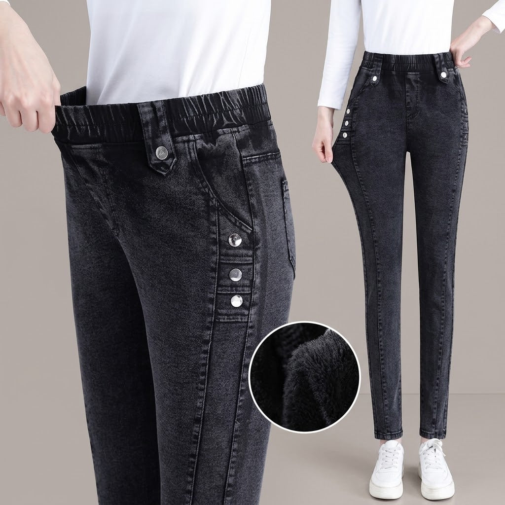Pantalones vaqueros ajustados elásticos de felpa cálida para mujer