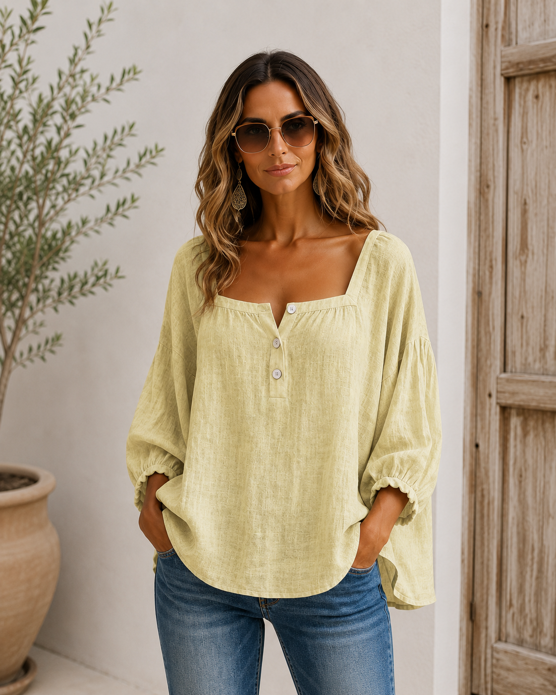 Camisa de manga farol con cuello cuadrado