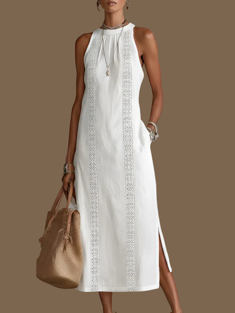 Vestido midi holgado con cuello mandarín bordado