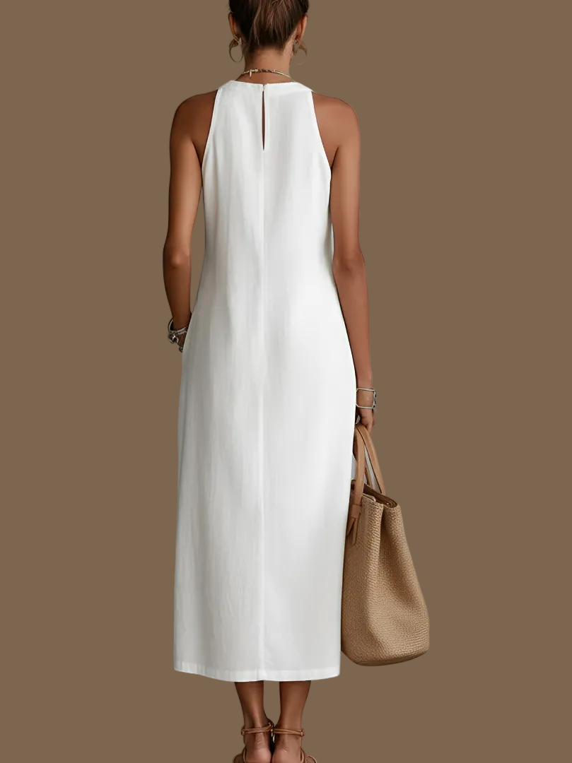 Vestido midi holgado con cuello mandarín bordado