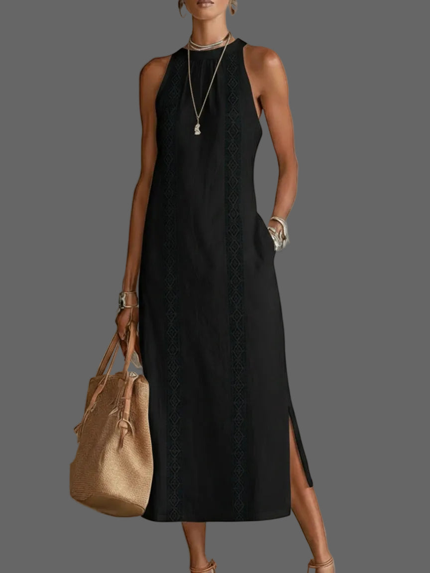 Vestido midi holgado con cuello mandarín bordado