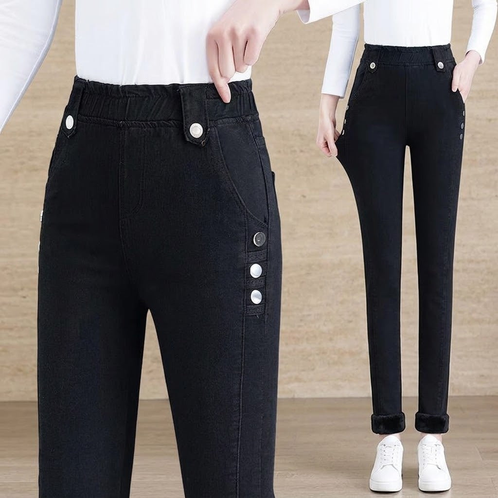 Pantalones vaqueros ajustados elásticos de felpa cálida para mujer